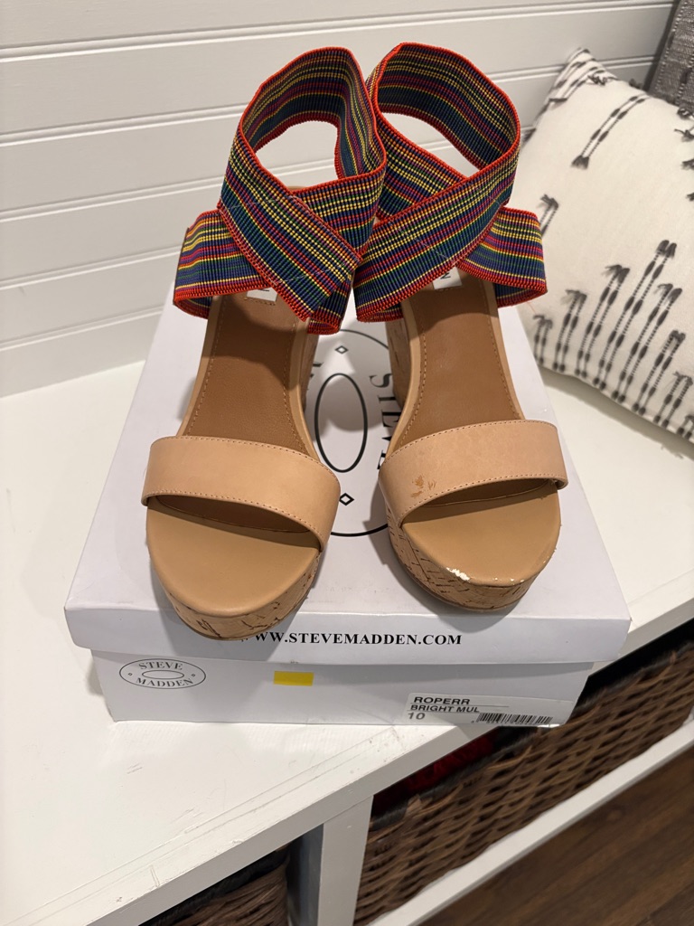 Steve Madden Nude Wedge Sandals With Rainbow Elastic Ankle Straps
